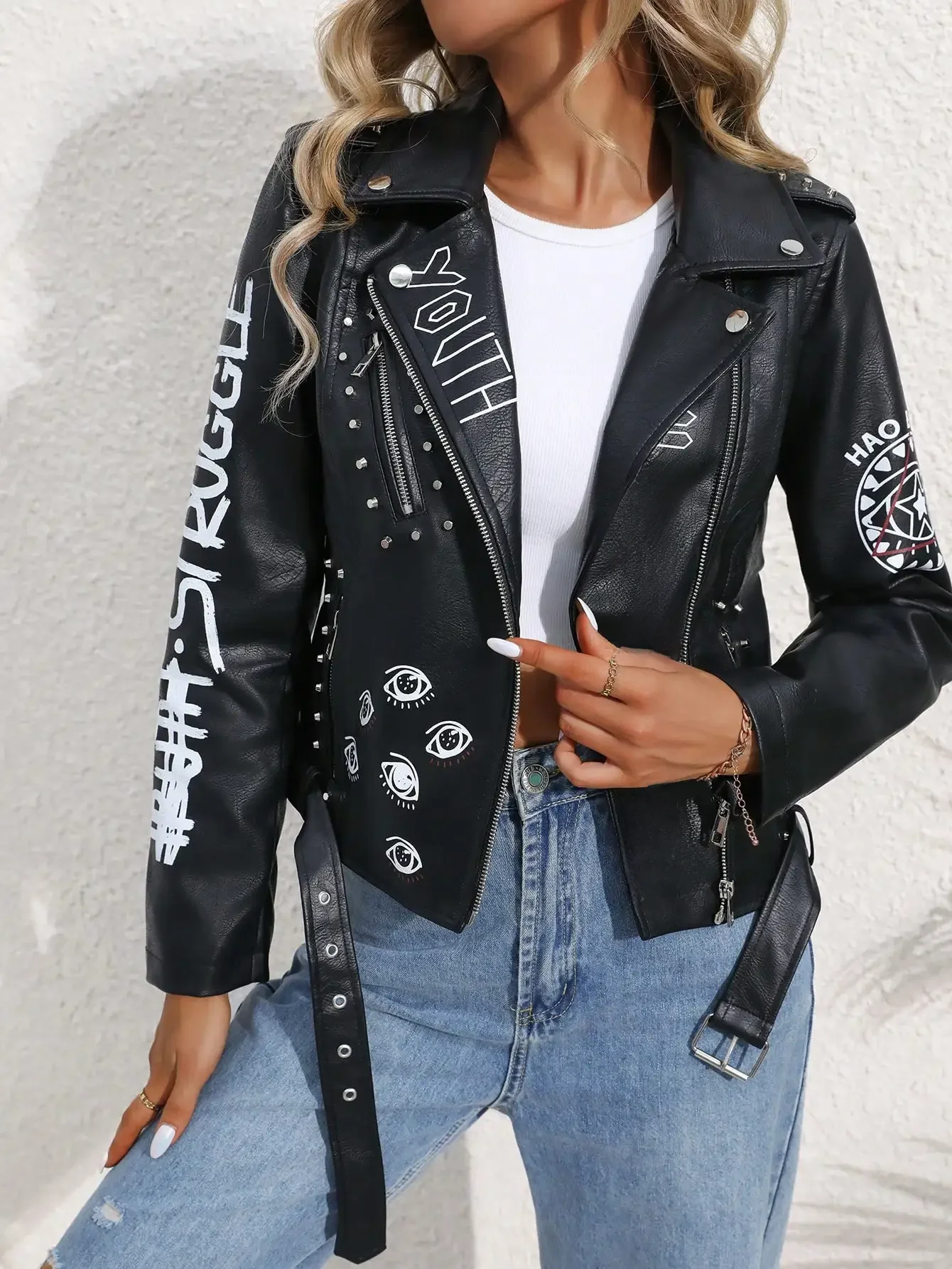 AliExpress Fitaylor Women Faux PU Leather Jacket Casual Lady Lapel Zipper Graffiti Print Leather Coat Moto Bike Rivet Outwear