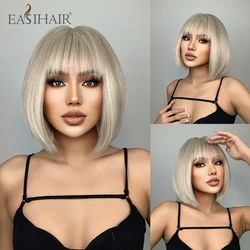 EASIHAIR krótki Bob włosów peruka syntetyczna Platinum blond z Bangs naturalne peruki dla kobiet kolorowe na imprezę Cosplay peruka żaroodporne