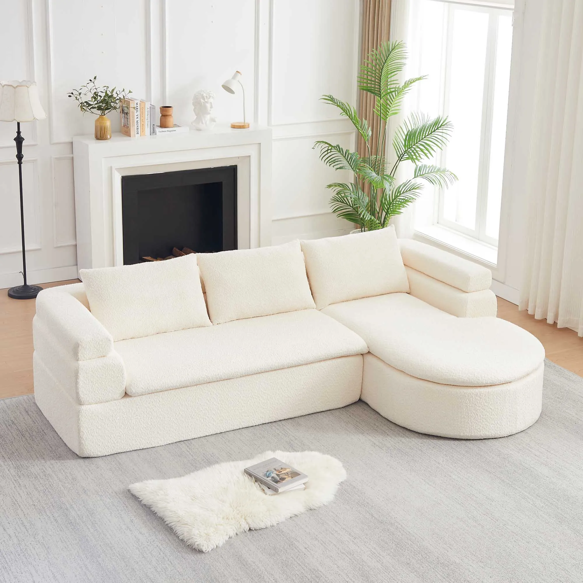L-förmiges Ecksofa mit Chaiselongue – modernes 3-Sitzer Chenille-Sofa im Wolken-Design in Cremeweiß, gebogene Liegefläche & gepolsterte Rückenkissen, platzsparende Vakuumverpackung für Wohnzimmer &