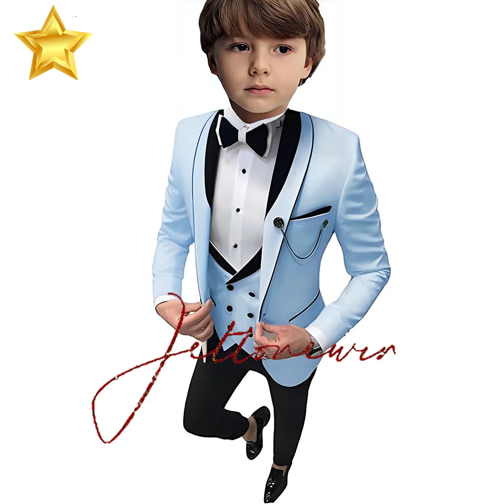 Light Blue Boys Tuxedo Suit Wedding Outfit 3 Piece Shawl Lapel Kids Tuxedo Jacket Pants Vest