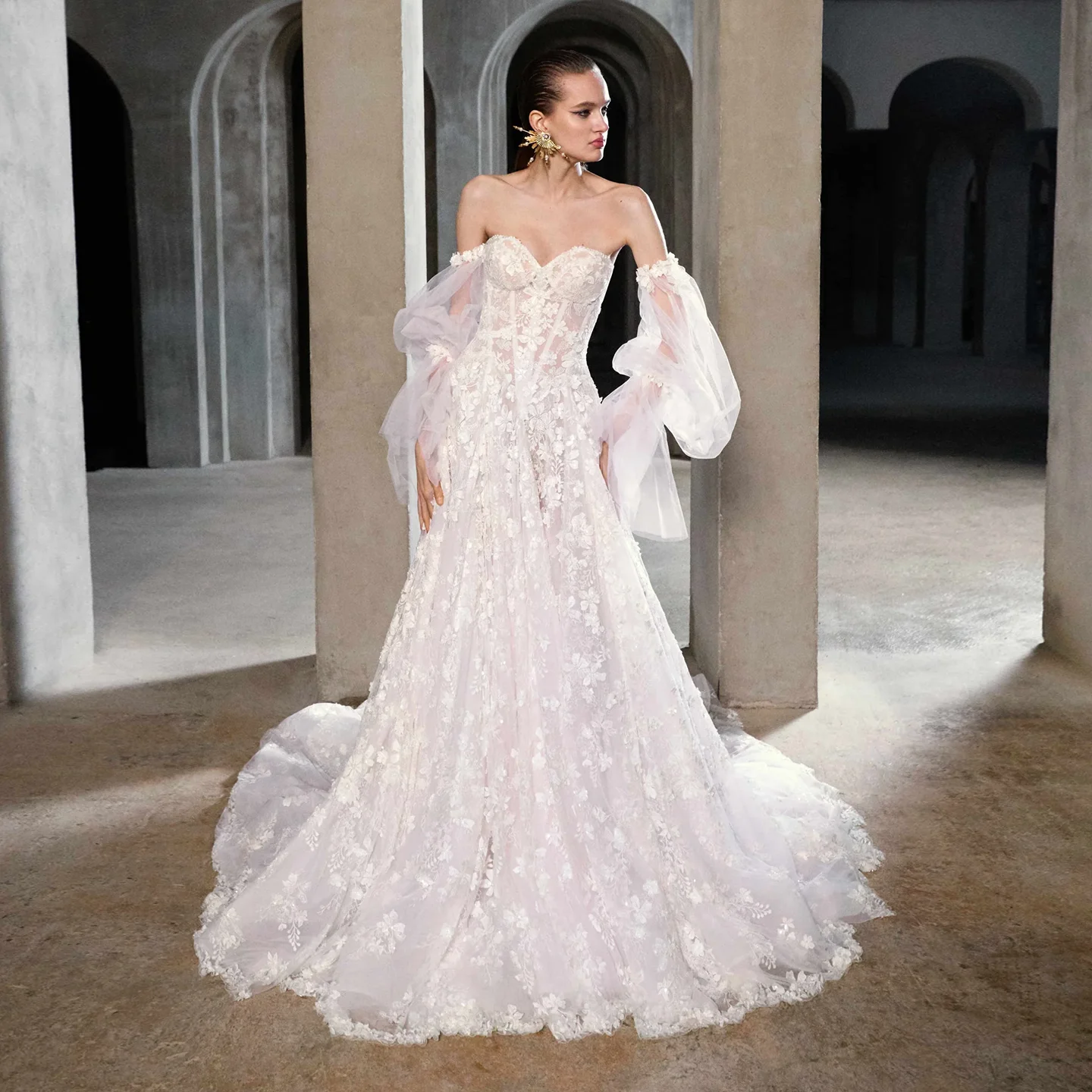 

Sharon Said Romantic A-Line Off White Tulle Wedding Dress With Detachable Puff Gloves Sweetheart Bride Dress SW324 Customized