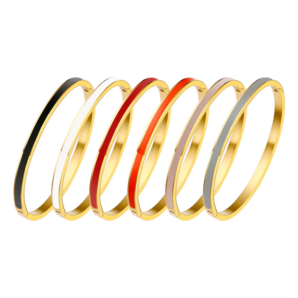 G&D Stainless Steel Thin Personalized Enamel Charm Cuff Enamel Crimson Golden Sapphire Wristlet Jewelry for Ladies Bracelet