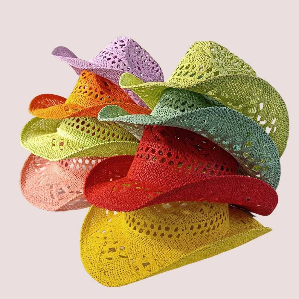 

Melesh Western-style yellow straw cowboy hat, highly versatile, with a wide brim, perfect for wearing on the sun and beach.