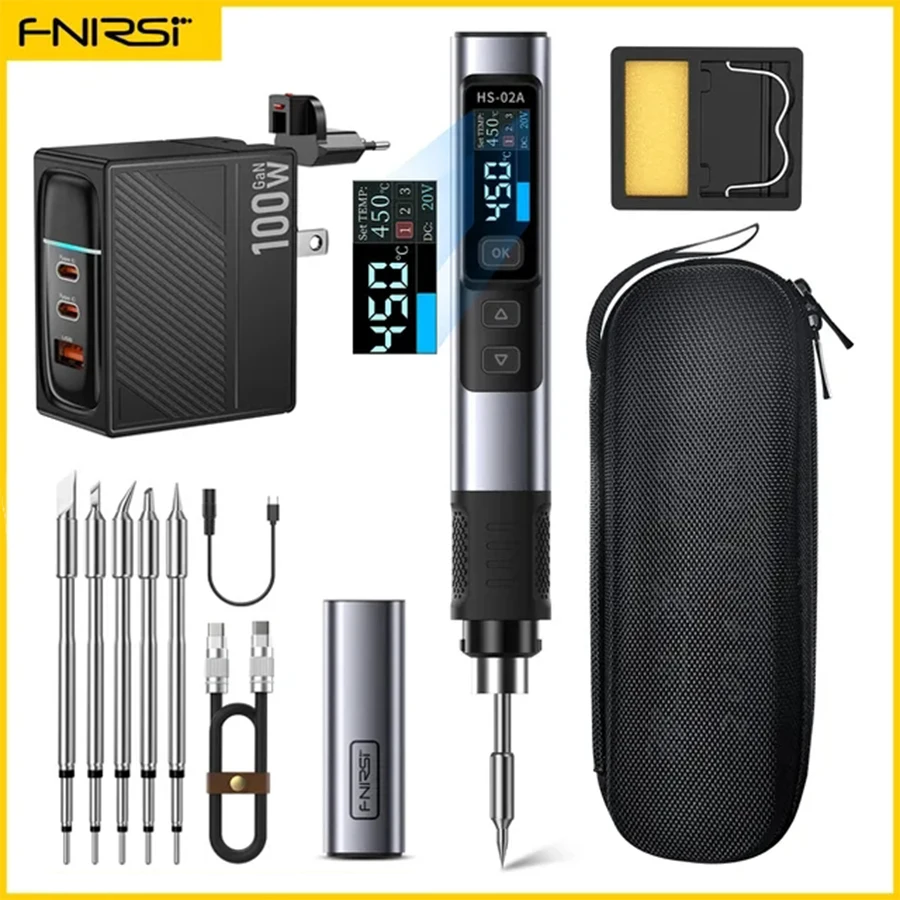 FNIRSI HS-02 Soldering Iron Smart Sleep IPS Color Display Screen 100-450℃ Soldering Rework Station PD100W Portable Repair Tool