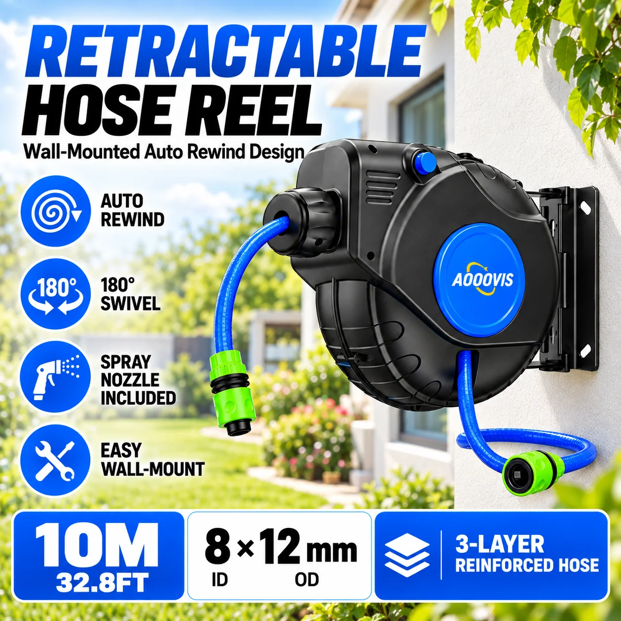 AUOVIS Retractable Garden Hose Reel 10M/13M, Wall Mounted Auto Rewind 8×12mm Reinforced PVC Hose with Spray Nozzle for Car Washi