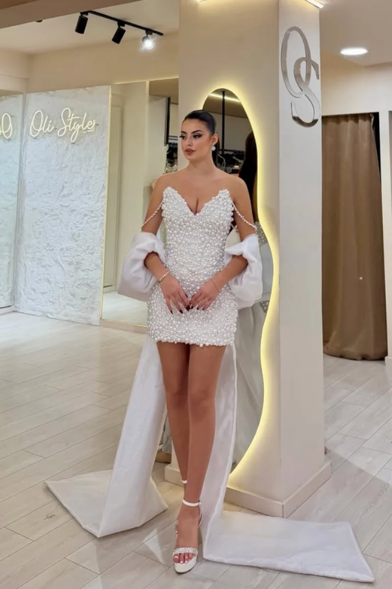 Jessica Gorgeous White Evening Dresses Pearl Mini Short Prom Dresses Slimming Princess Formal Occasions Party Dresses