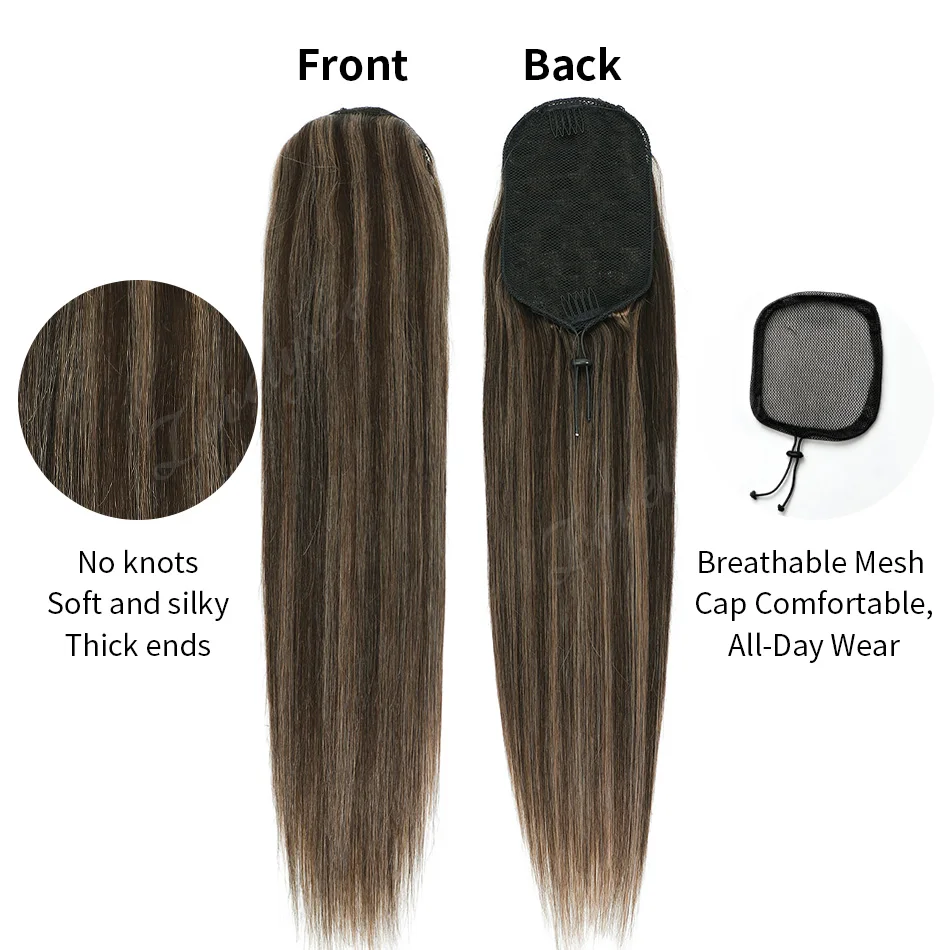 Omber Brown Straight Drawstring Ponytail 100% Human Hair Real Brazilian Hair 100-120G Drawstring Ponytail Clip In Extensions