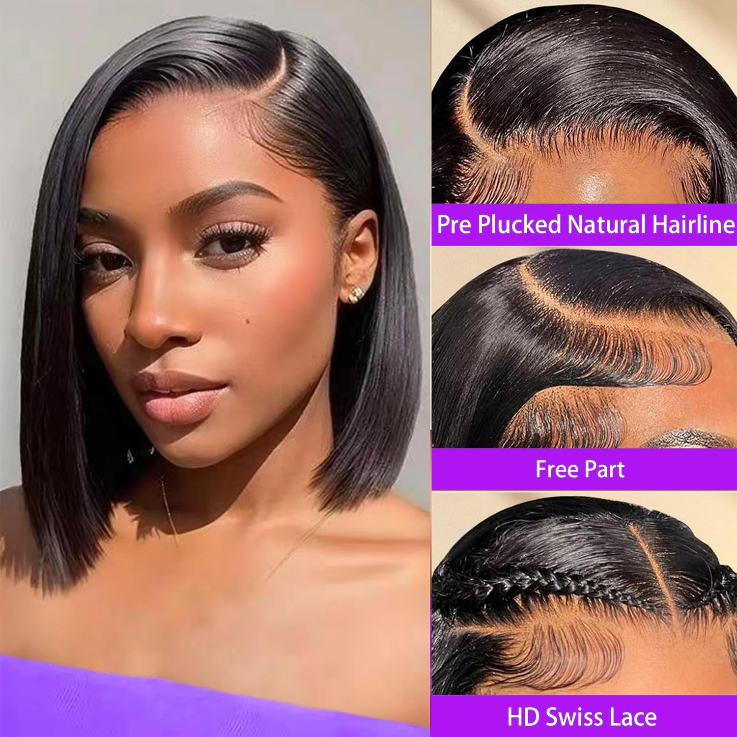 13x4 Lace Bob Wig Human Hair Short Straight Bob Wig For Black Women Human Hair Pre Plucked With Baby Hair Side Part 200% Density