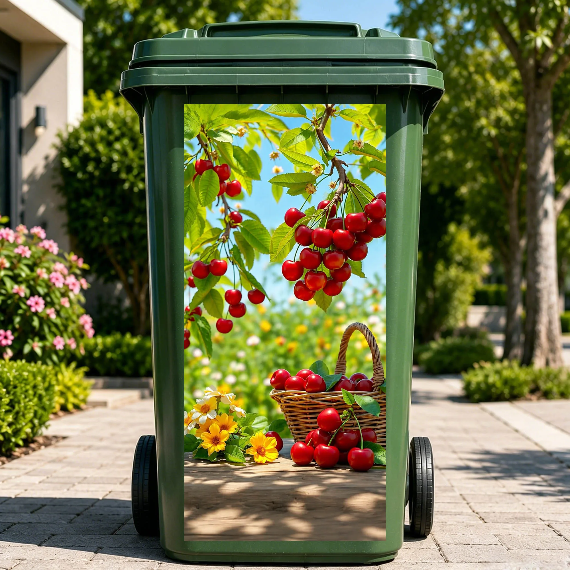 3D Wheelie Bin Stickers Outdoor Trash Can Decoration Summer Fruit Strawberry Apple Cherry Decals Garden Waste Bin Covers Panel view 2