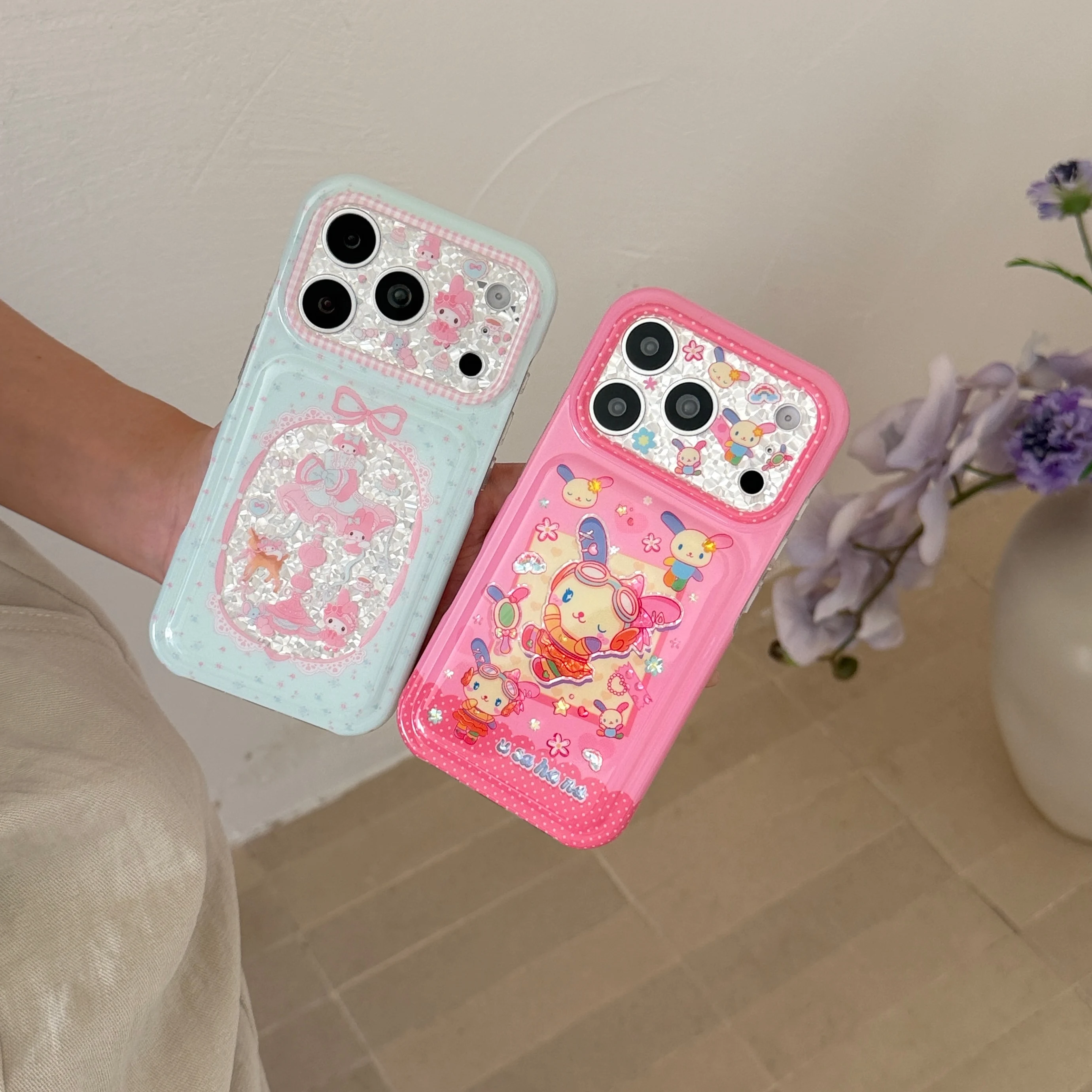 Korean Cute Small Flower Cartoon Rabbit Glitter Phone case for iPhone 18 17 16 15 17 Pro 18 Pro Max Cover Cute Shockproof Cover