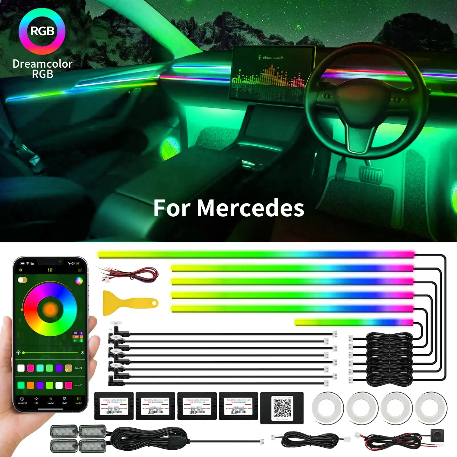 22 In 1 Full Color Streamer Car Ambient Lights RGB 64 Color Universal LED Interior Hidden Acrylic Strip Symphony Atmosphere Lamp