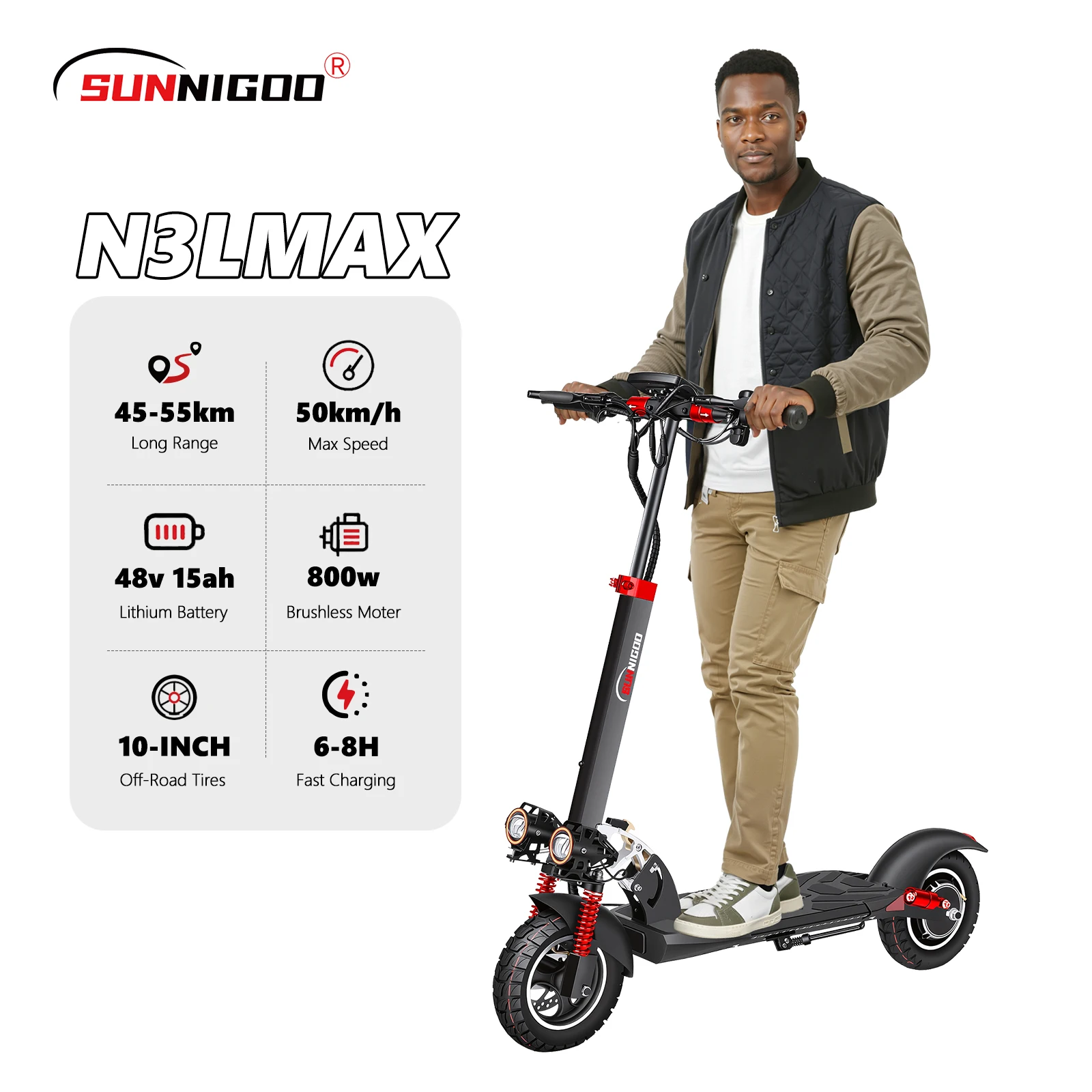 SUNNIGOO N3LMAX 800 W 15 Ah Elektroroller 10 Zoll Offroad-Reifen Höchstgeschwindigkeit 50 km/h Reichweite 55 km Dual-Stoßdämpfender faltbarer eScooter
