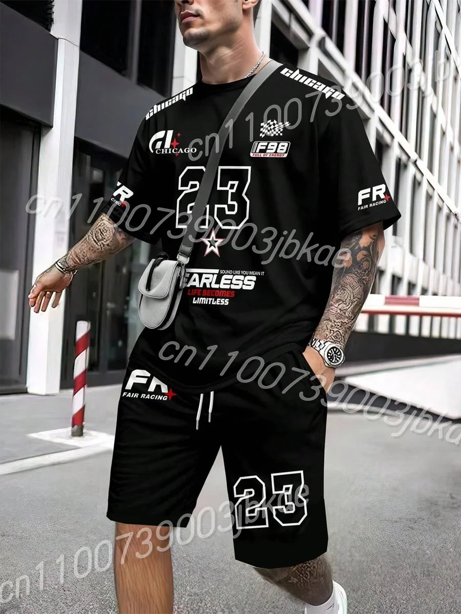 

Men's Chicago Print Short Sleeve T-Shirt & Shorts Set Round Neck Gradient Short Sleeved Women's T-shirt Shorts Set