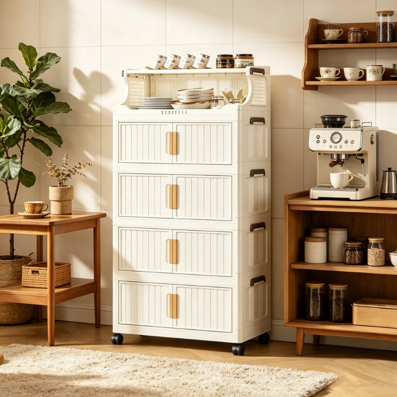 Foldable wheeled coffee corner storage cabinet, white plastic stackable storage cabinet, with magnetic door, multi-layer rolling storage cart, suitable for storage room, bedroom, living room, bathroom view 5