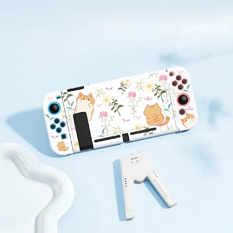 Étui de protection chat et fleur orange avec 1 poignée de manette de jeu, interrupteur NS et OLED, degré de chute et de rayure, 1 PC