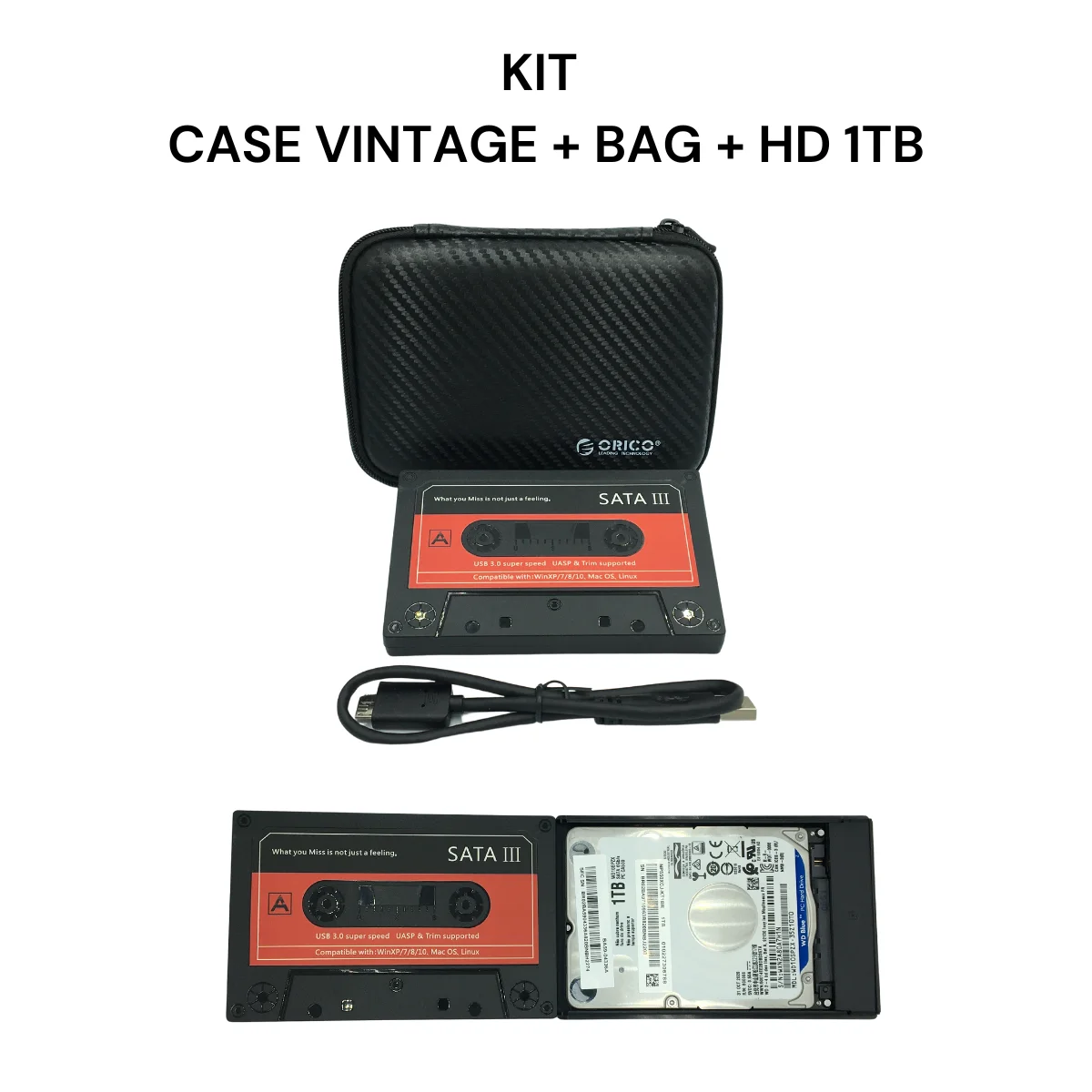 Case HD Externo 2.5 Vintage USB 3.0 com Hd 1Tb + Estojo