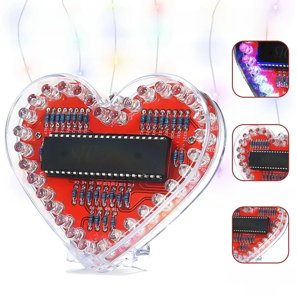 Zestaw elektroniczny DIY - lampka LED w kształcie serca z efektem przepływu światła, 32 kolorowe diody LED, zestaw do ćwiczeń lutowania DIY, zasilany bateryjnie. — zdjęcie 2