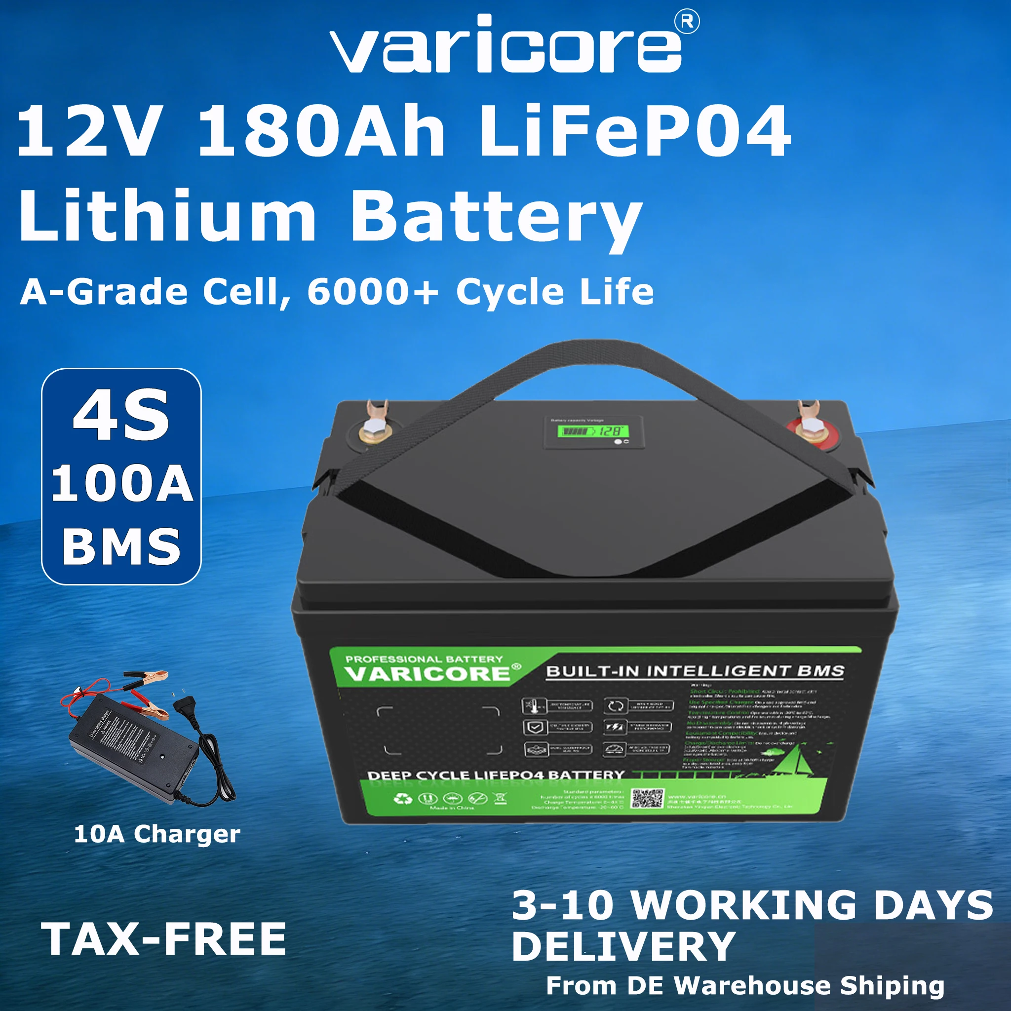 Varicore 12V LiFePo4 Batterij 180AH 6000+ Deep Cycle BMS Bescherming Grade A Cellen EU Voorraad Belastingvrij voor Camper Solar