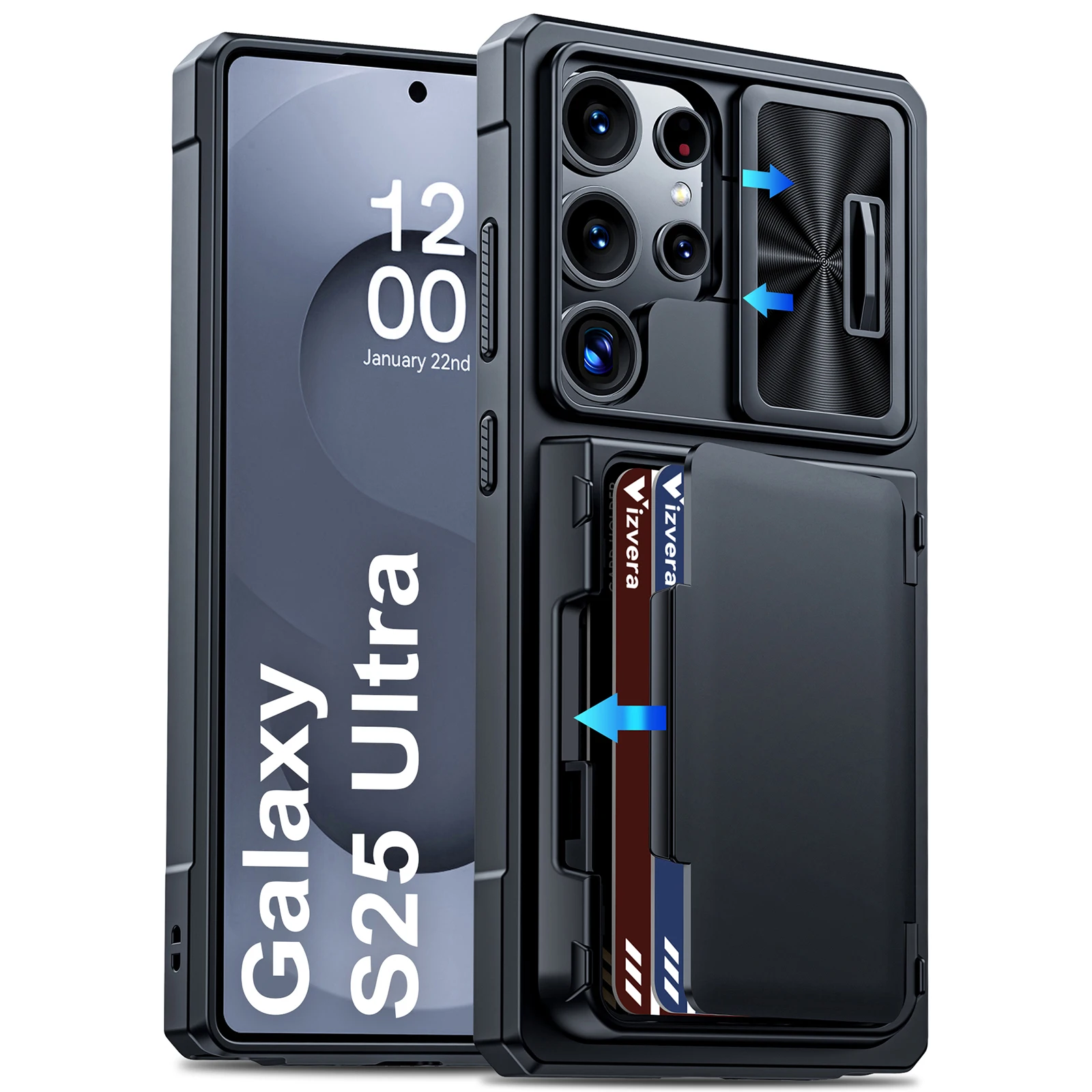 Robuste Stoßfeste Schutzhülle mit Kameraabdeckung, RFID-Blockierung Kartenhalter für Samsung Galaxy S25 Ultra-Schwarz – Detail 8
