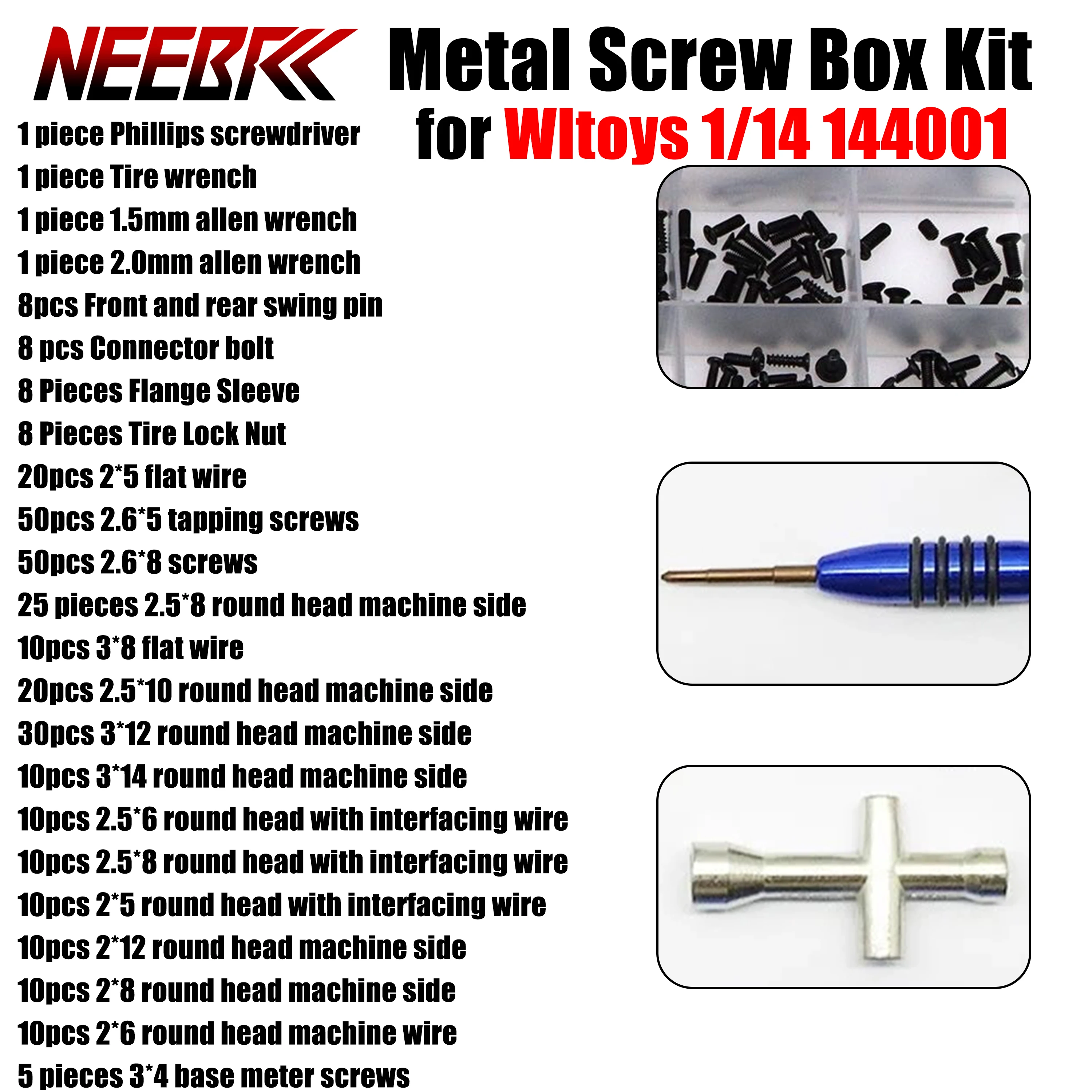 

RC Car Tool & Metal Screw Box Kit M2 M2.5 M3 Screwdriver Nut Wrench Pin Bolt Sleeve Set Repair for 1/14 Wltoys 144001 Model Part