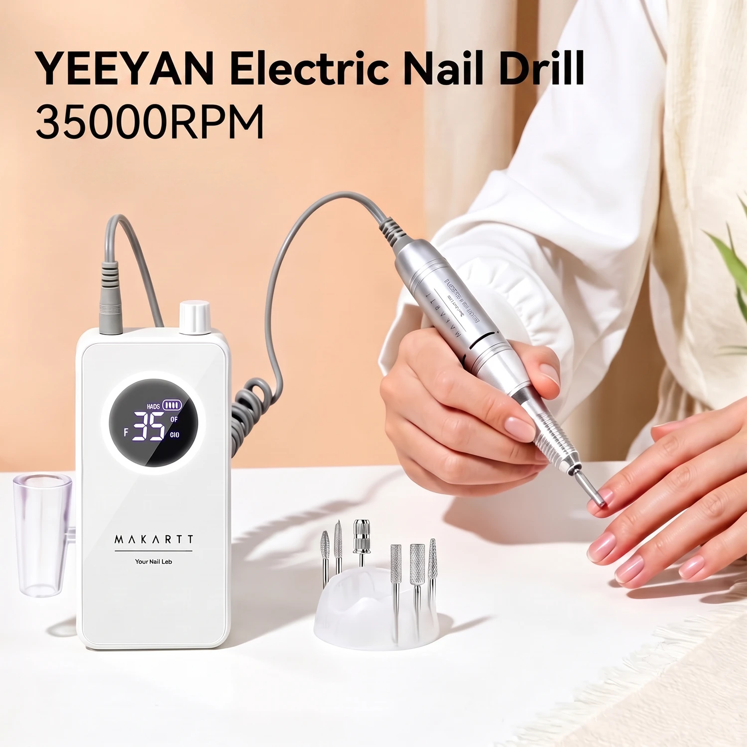 Makartt Cordless Nail Drill for Beginners: 35000RPM E-File,White|LCD Display,Low Noise,6H Battery Gel Removal DIY Home Travel
