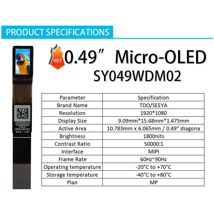SY049WDM01 0,49 polegadas 1920 * 1080 1800nits micro OLED 0,5 microdisplay si-oled para realidade aumentada AR