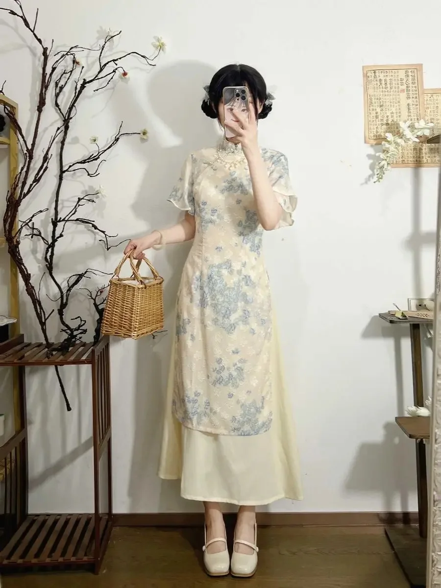 Fake tweedelige Cheongsam 2025, nieuwe dames zomerjurk, halflang - afbeelding 2