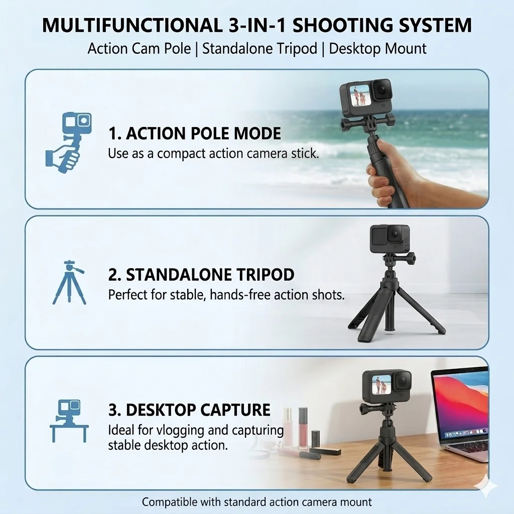 Ronkoen  TZ-12 For GoPro/Insta360/DJI Osmo Action 3/4/5Pro 40CM Extendable Selfie Stick Tripod Vlog / Cycling / Skiing / Travel - view 4