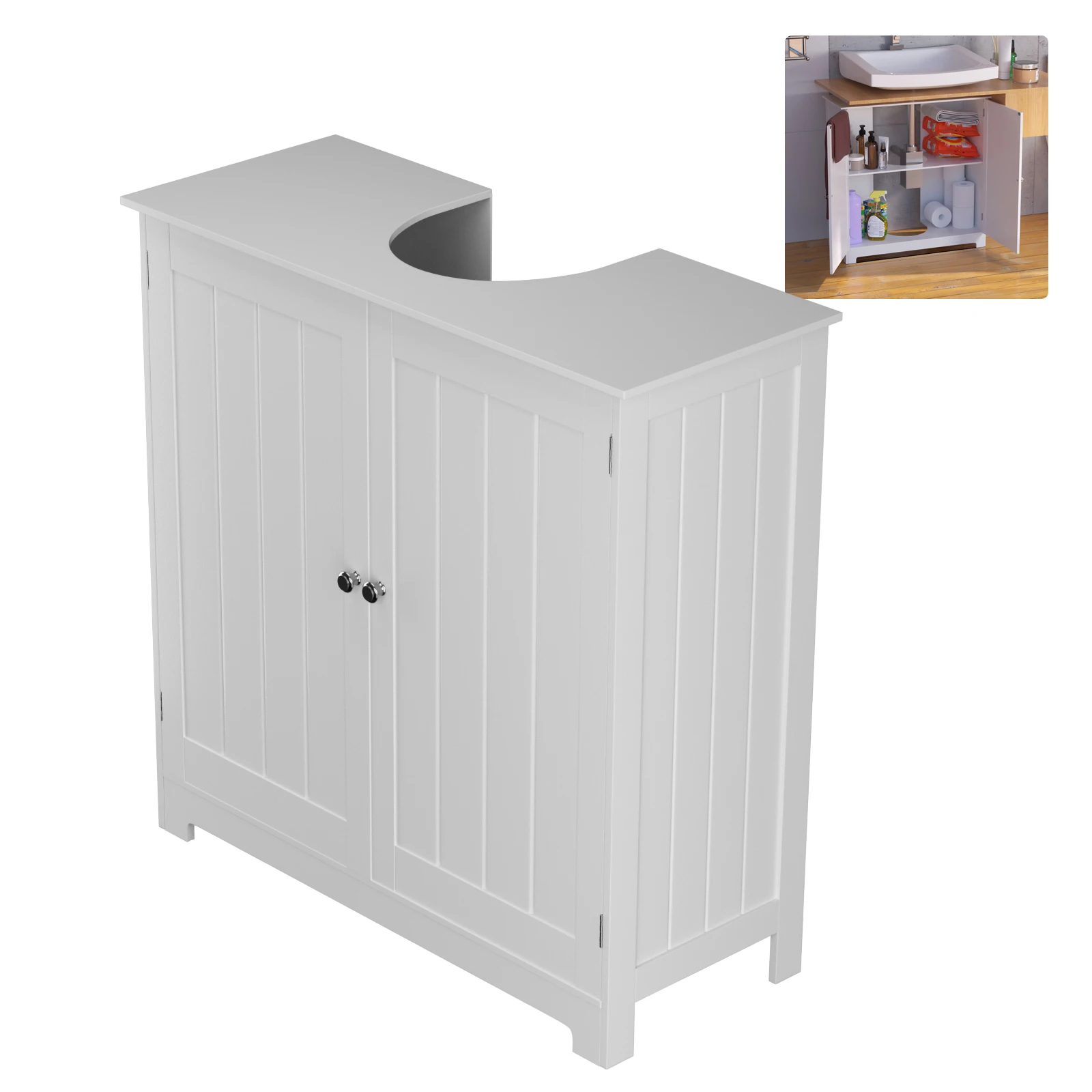 Meuble de salle de bain blanc, unité de rangement sous lavabo 60x30x60cm, lavabo WC avec 2 portes et découpe pour siphon, mobilier de toilette