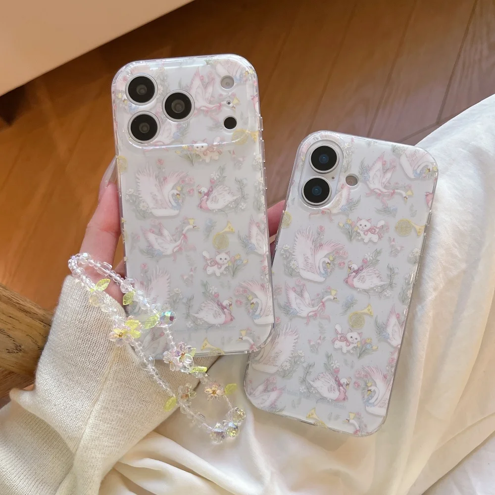 

Fashion cute floral cat swan phone case for iPhone 17 16 ProMax 14 15 Pro fundas classic creative new shockproof protective case