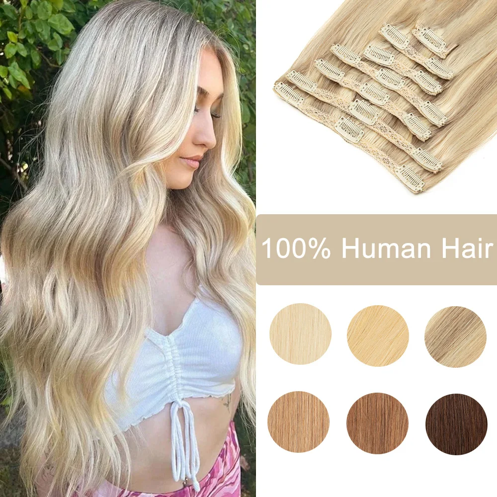 

Straight Human Hair Clip in Extensions Woman Real Natural Hair 7pcs Double Weft Human Hair Extension Black Brown Blonde Clip Ins