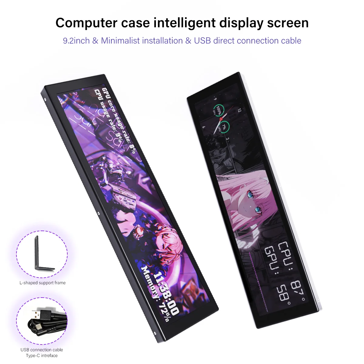 

9,2-дюймовый дополнительный экран для ПК, прямое подключение через USB Type-C, монитор температуры CPU/GPU, настраиваемый тематический дисплей, длинный IPS-экран