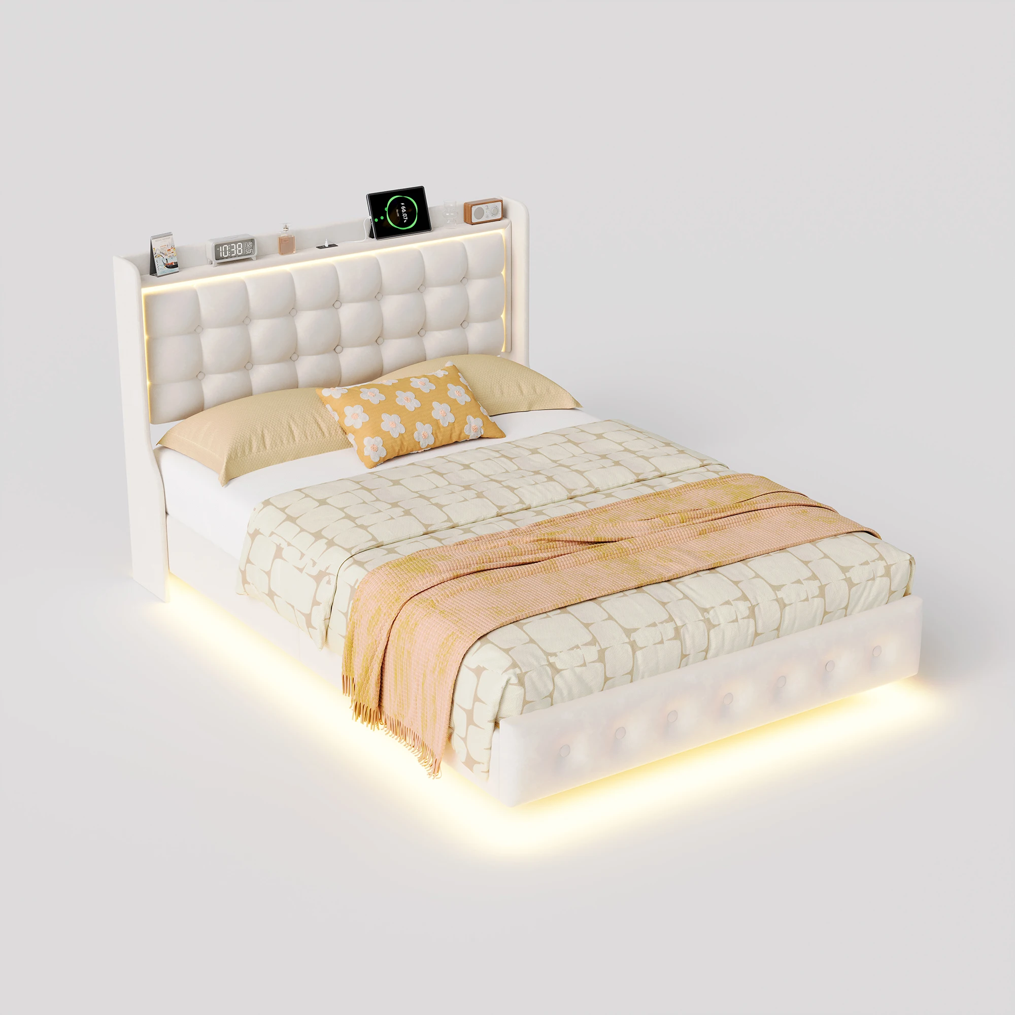 Modern zwevend bed 140/160 x 200 cm met USB Type-C poorten, LED verlichting en opberghoofdbord - Elegant flanellen design in wit - afbeelding 2