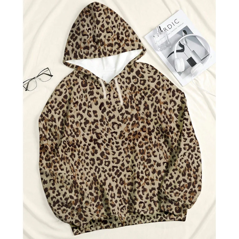 Autumn and Winter Casual Loose Leopard Print Warm Hoodie For Plus Size Women Casual Pullover Unisex Top Hoodie Sweatshirt