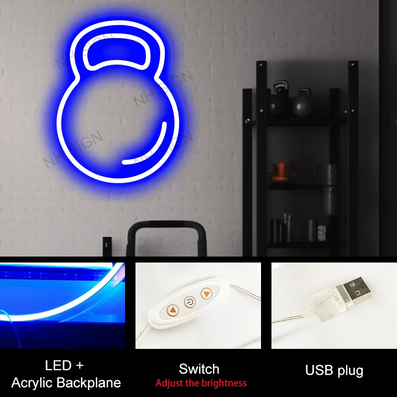 Kettlebell Bord Neon,Gym Neon Bord Voor Fitness Club Kamer Home Muur Slaapkamer Decor Verjaardagscadeau Teken Usb Led Lichtgevende Borden