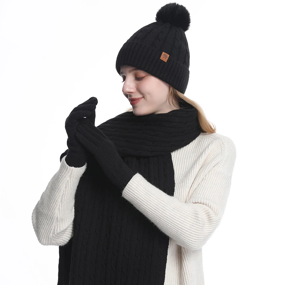 3Pcs/Set Women Winter Hat Scarf Gloves Faux Fur Ball Teenager Girls Knitted Warmer Scarf Suit Warm Windproof Woman Cap Set 2025