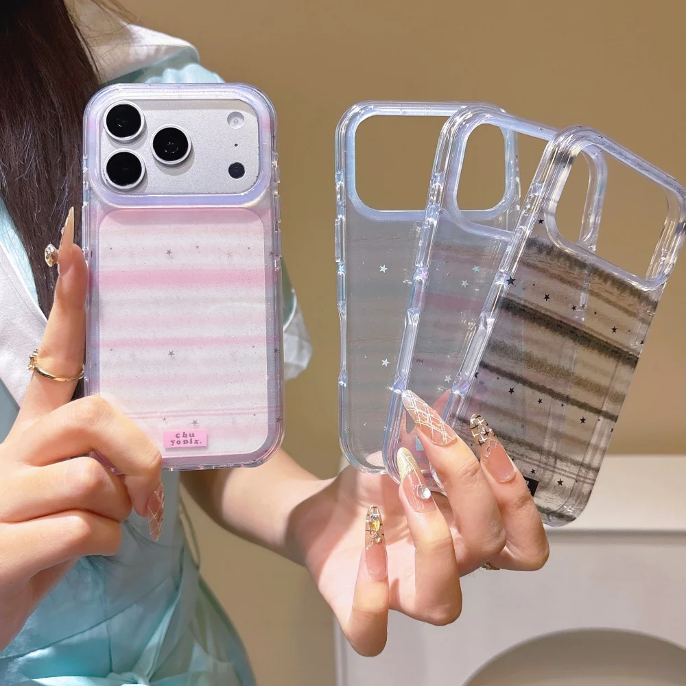 New Korean Ins Glitter Stripe Phone Case for iPhone 18 Pro 17 Max 15 16 17 18 Pro Max 16 Pro Fashion Shockproof Protective Cases