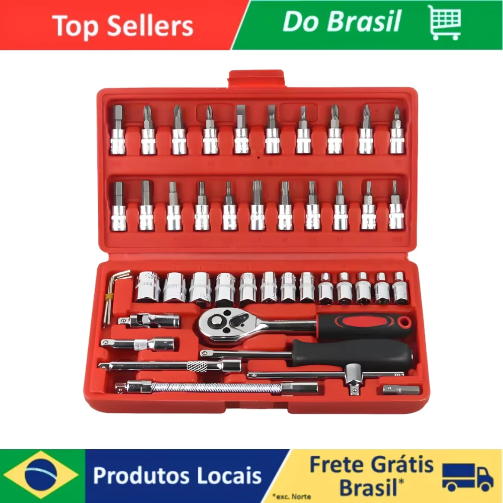 Kit De Ferramentas 46 Peças Chave Catraca Reversível Com Maleta Jogo de Soquete Para Manutenção E Reparo