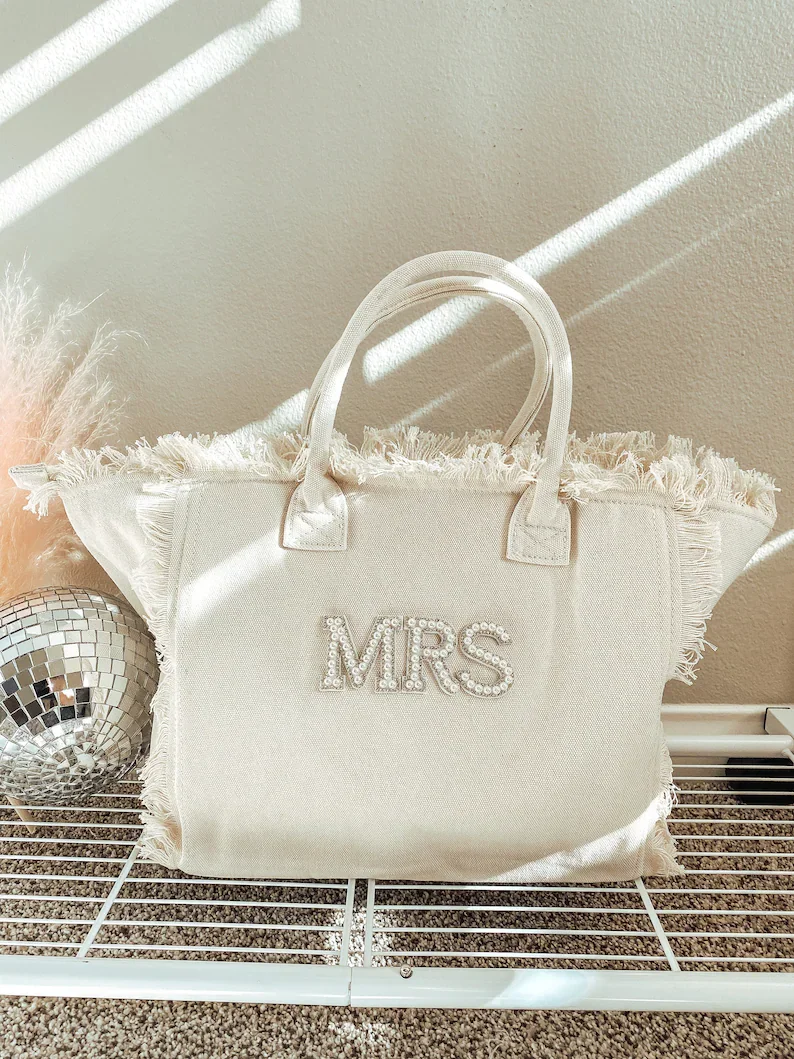 Personalised Pearl Bride Tote Bag Canvas Bridesmaid Custom Bag Wedding Party White Bride to Be Gifts Customized Mrs Bags