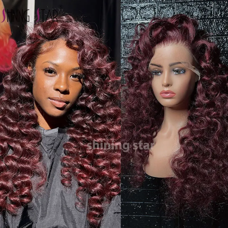 

Burgundy 13X6 Hd Lace Frontal Human Hair Wig Deep Wave Curly Wigs For Women Loose Deep Wave Colored 99J Red 32" Lace Front Wig