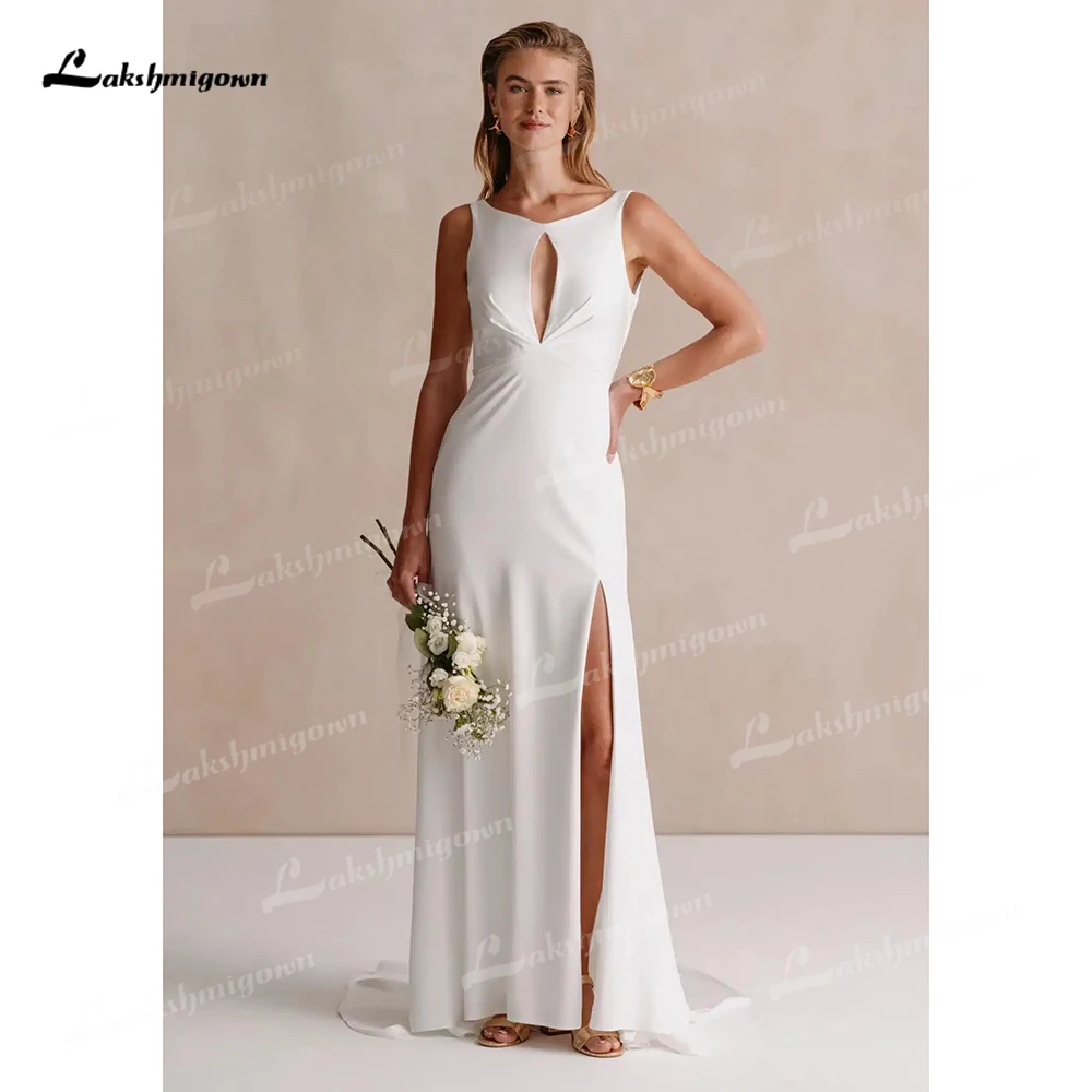 

Sexy Split O Neck Sleeveless Backless Deep V Shape Simple Crepe Mermaid Wedding Dress Customized For Women Bridal Gowns vestidos