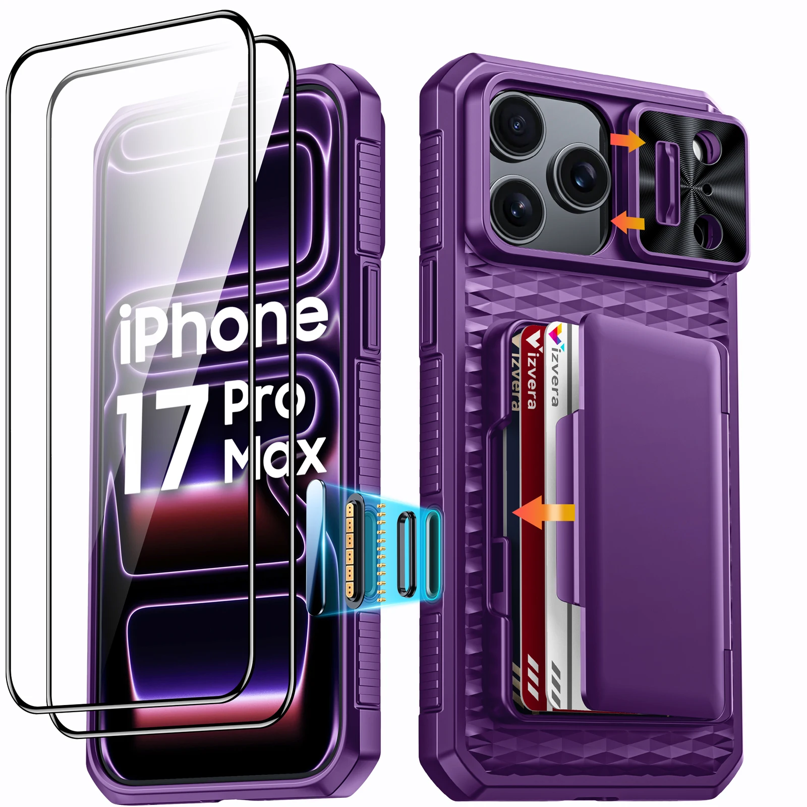 For iPhone 17 Pro Max With Card Holder Sliding Camera Cover And Stand Phone Case, Anti-Fall PC+TPU Wallet Case-Orange