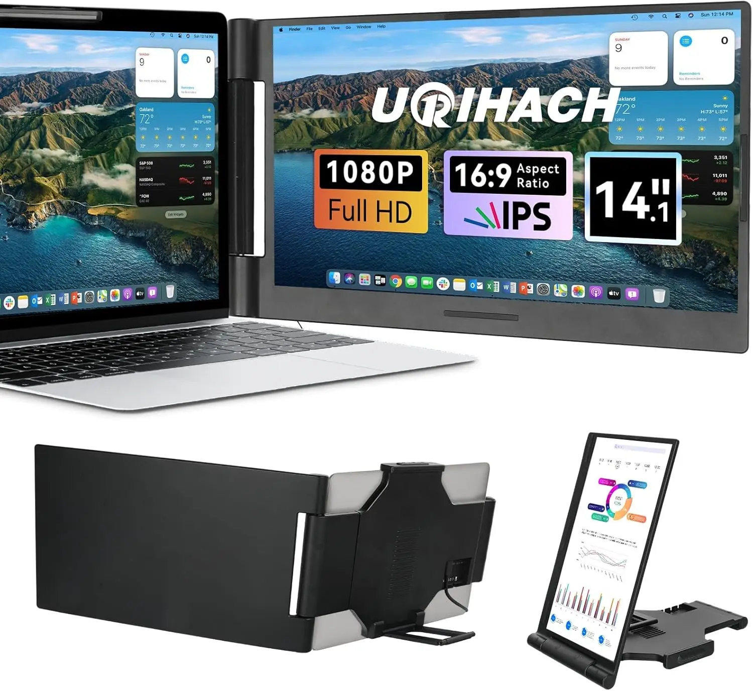 

Удлинитель экрана ноутбука 14,1 дюйма 280 ° Портативные мониторы IPS с вращением 1080P для 13–17,3 дюйма с портом USB-C/HDMI Windows Mac Android