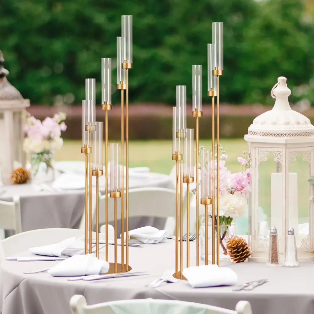 4 Sets 7-Arm Gold Floor Candelabra 48 in Tall Wedding Centerpieces Metal Candle Holder with Removable Acrylic Lampshade view 7