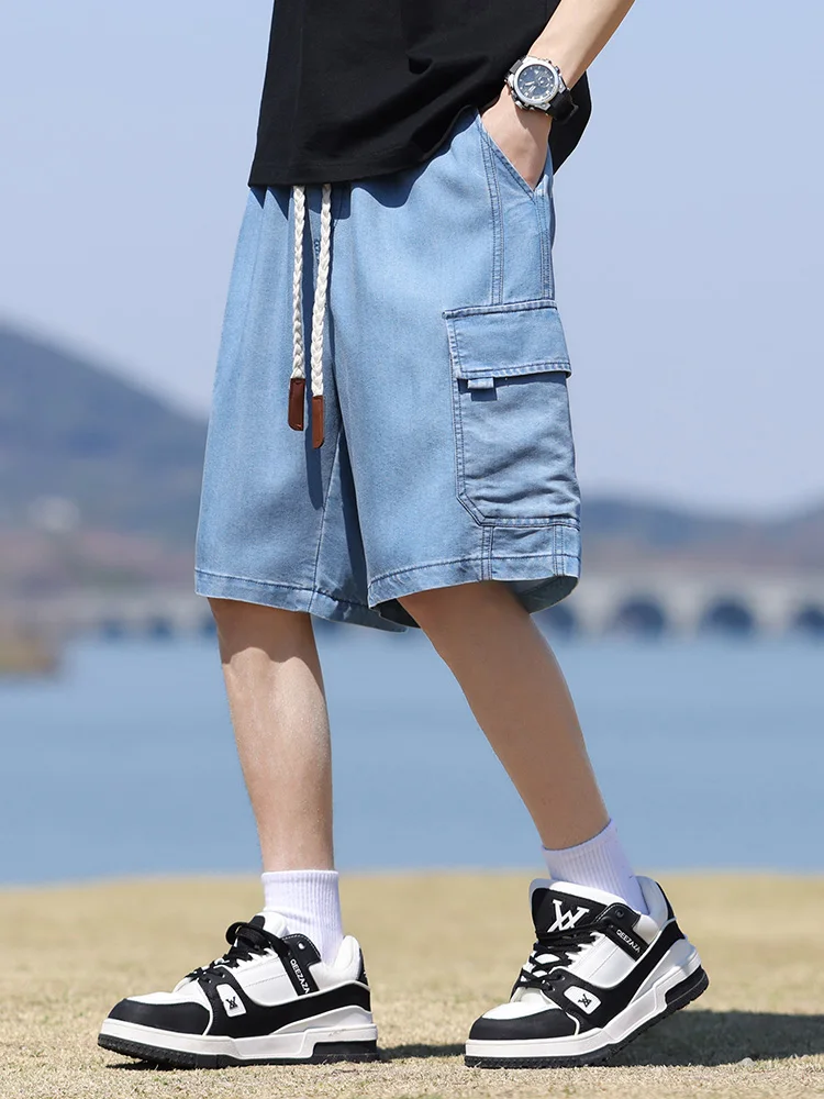 

Summer Men's Denim Shorts Flap Pockets Cargo Jeans Shorts Big Size 8XL 7XL 6XL Lightweight Lyocell Baggy Jeans Short Pants