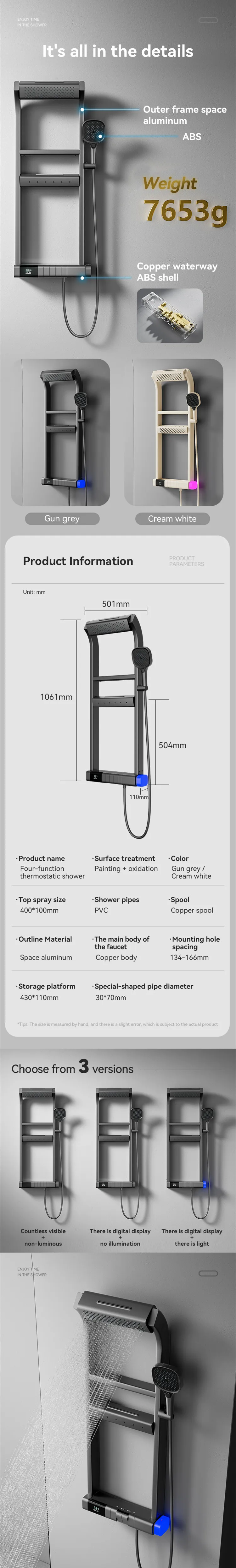 Schwarzes Multifunktions-Duschsystem für Badezimmer, Wandmontage, thermostatischer Wasserfall, digitaler Duscharmatur, Display-Säulen-Duschset – Detail 5
