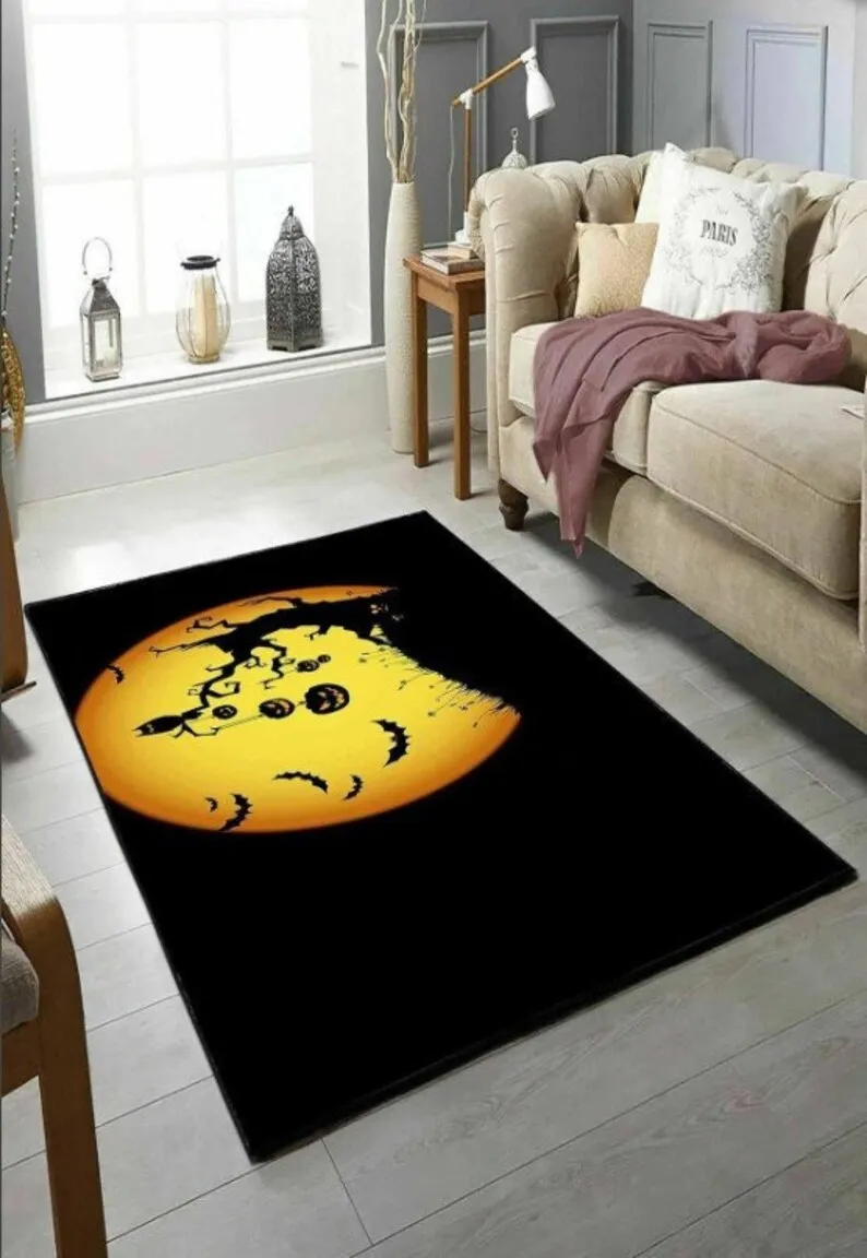 Pumpkin and Bat Themed Halloween Carpet, Decorative Cotton Halloween Pattern Rug