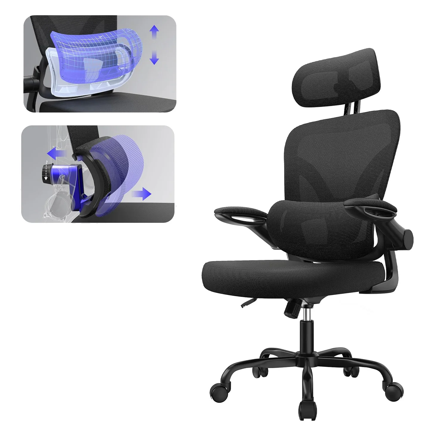 Ergonomic Office Chair with Lumbar Support, Home Office Desk Computer Chairs Adjustable Headrest and Flip-up Armrests image 3