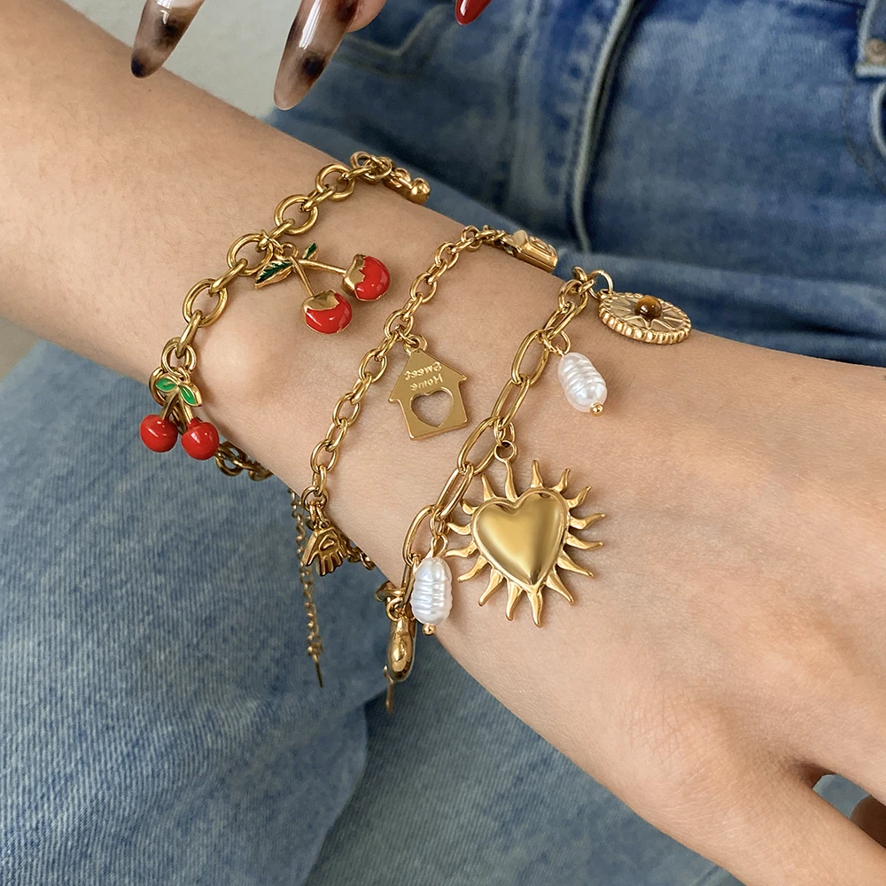 

Trendy Stainless Steel Chain Bracelet Red Cherry Sun Heart Pendant Bracelet for Women Hand Decoration Female Jewelry Gifts New