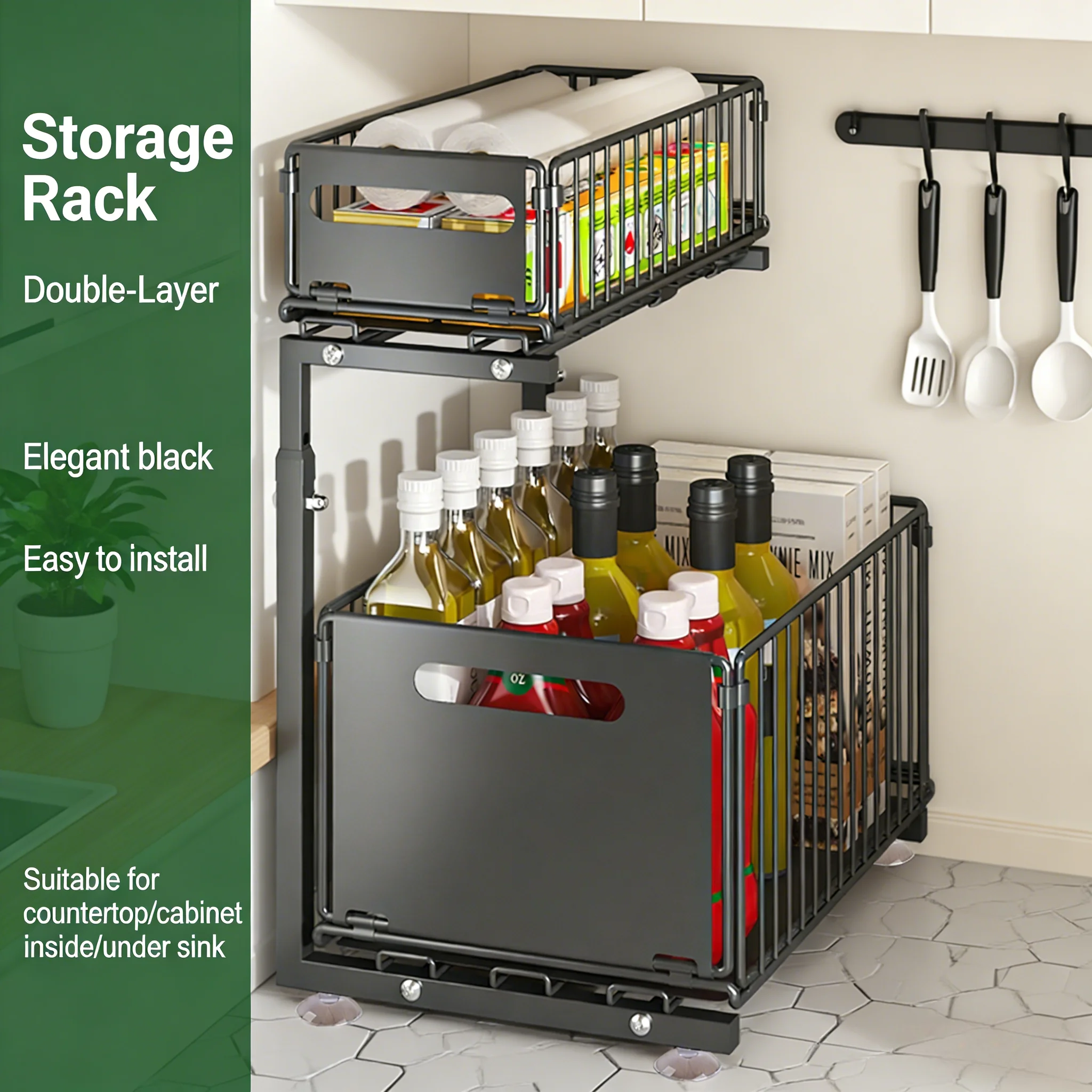 Organisateur d'armoire extractible à 2 niveaux, support de cuisine réglable en hauteur pour armoire sous l'évier, étagère de rangement pour pots à épices